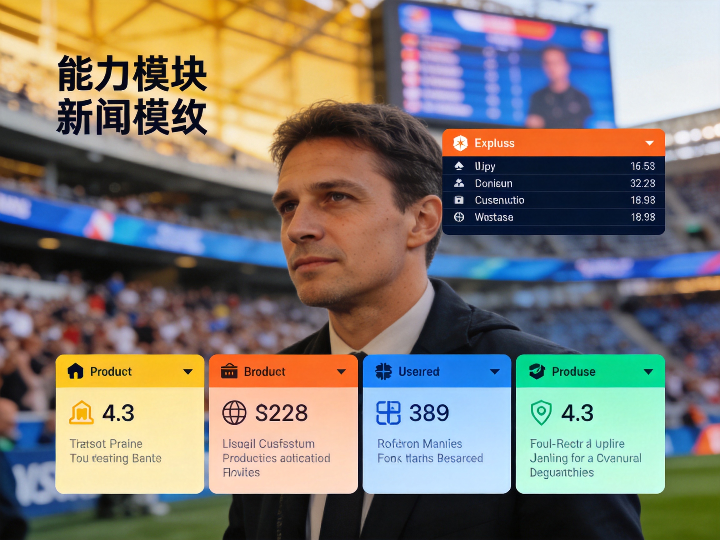 体验能力模块配图：比赛数据维度以图表方式排列在展示界面上