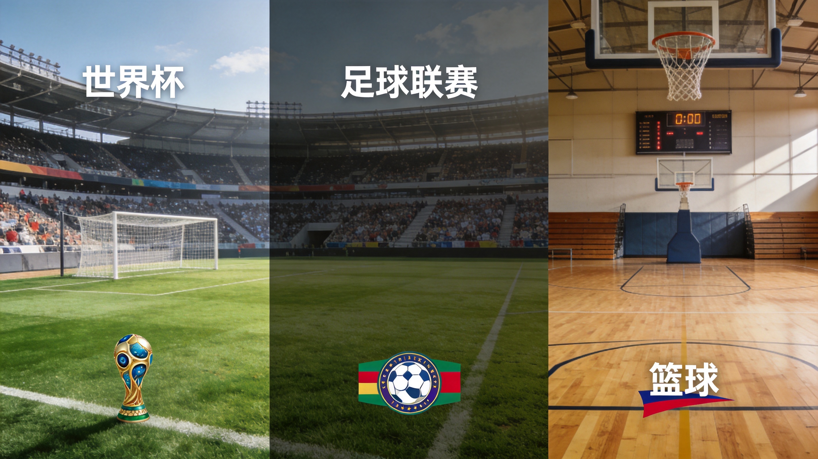 赛事覆盖模块配图：足球场与篮球馆并列画面，对应世界杯、足球联赛与篮球赛事三条内容主线